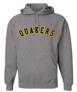 QUAKER VALLEY YOUTH & ADULT HOODED SWEATSHIRT - GREY WITH ARCHED BLACK & GOLD QUAKERS For Sale